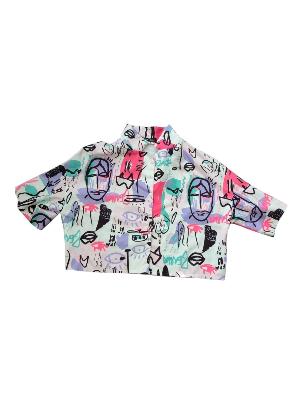 Abstract Face Print Cropped Button-Up Shirt in Mint, Multicolor XL